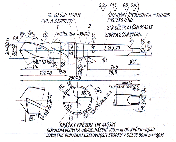 Šroubový vrták - příklad konstrukce vrtáku průměru 20 mm s kuželovou stopkou